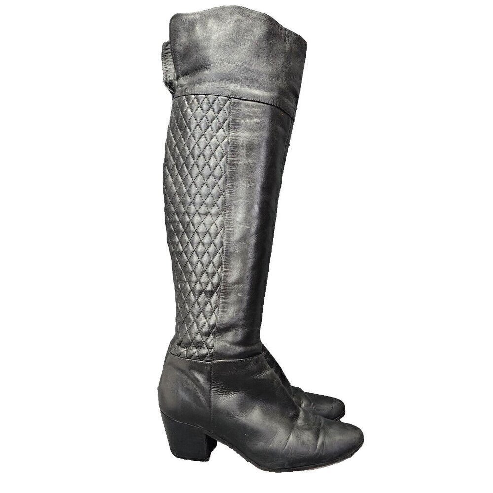 Cole Haan Over‎ the Knee Boots Black Size 8.5 B Inside Zip Block Heel Quilted